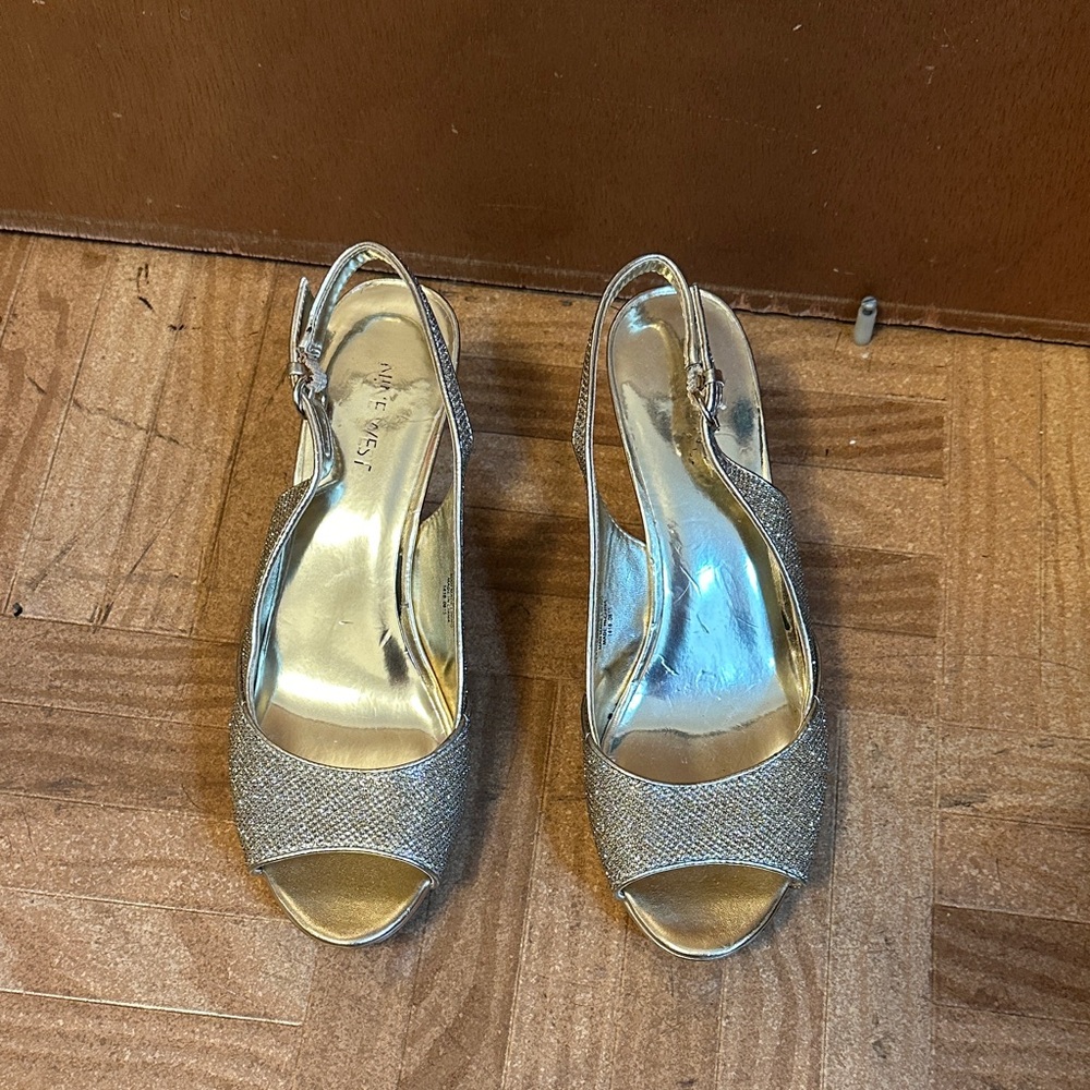 Nine West Gold Peep-Toe Slingback Heels
